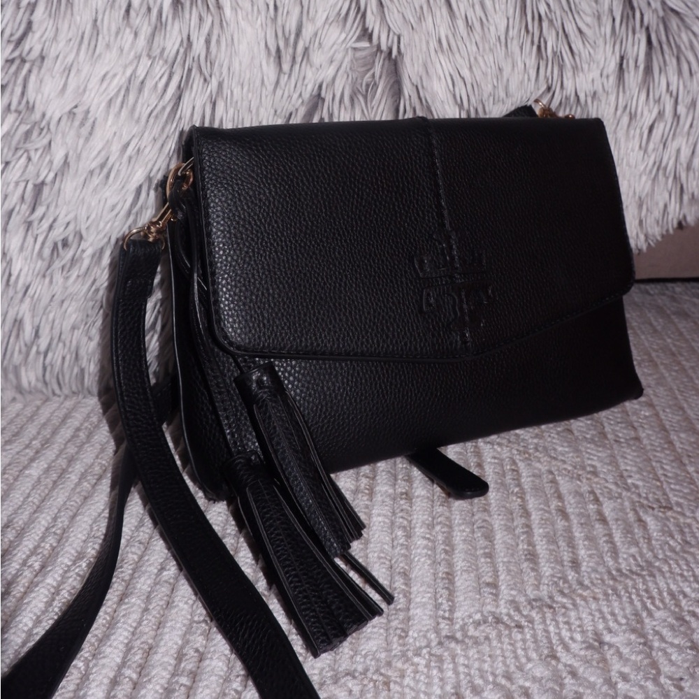 Tory Burch McGraw Black Leather Crossbody Bag Tassel Pebbled Flap